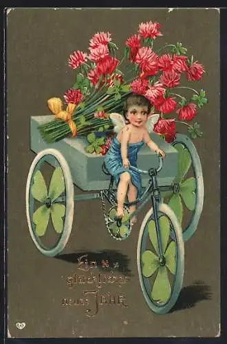 AK Kleiner Engel bringt Blumen mit einem Fahrrad