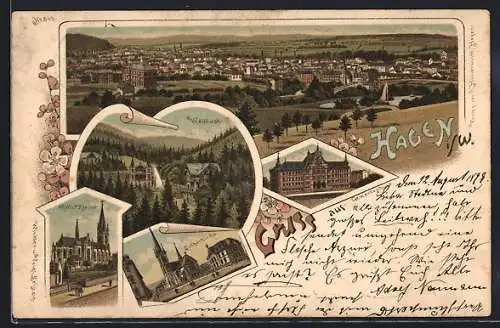 Lithographie Hagen i. W., Gasthaus Waldlust, Kath. Kirche, Gewerbeschule