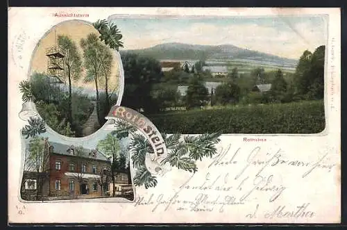 Lithographie Rothstein, Blick zum Ort, Restaurant und Aussichtsturm
