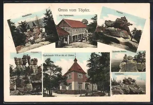 AK Oybin, Gasthaus Alte Töpferbaude, verschiedene Felsformationen