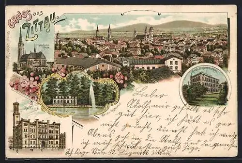 Lithographie Zittau, Totalansicht, Kath. Kirche, Rathaus, Könmigl. Baugewerkschule