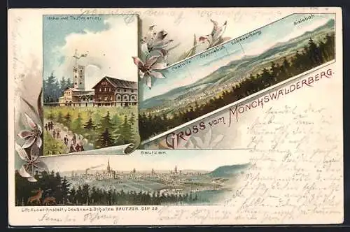 Lithographie Bautzen, Gruss vom Mönchswalderberg, Totalansicht, Höhe incl. Turm