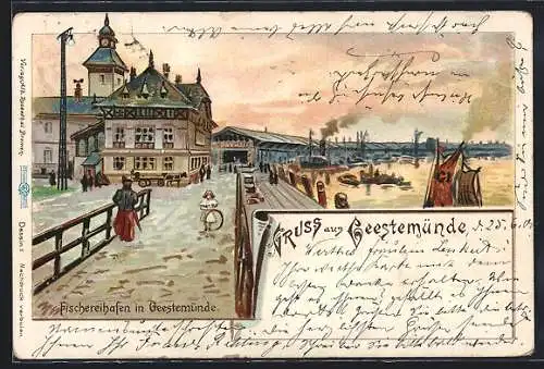 Lithographie Geestemünde, Dämmerung am Fischereihafen