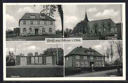 AK Schwei i. Oldb., Hotel zum Bahnhof, Ehrenmal, Kirche, Schule