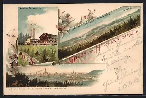Lithographie Bautzen, Gruss vom Mönchswalderberg, Totalansicht, Höhe incl. Turm
