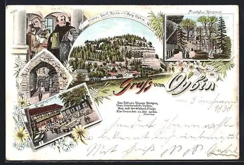 Lithographie Oybin, Kirche, Dorf, Ruine und Berg Oybin, Friedhof, Gesellschaftsplatz, Kreuzgang, Mönche