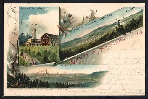 Lithographie Bautzen, Gruss vom Mönchswalderberg, Totalansicht, Höhe incl. Turm