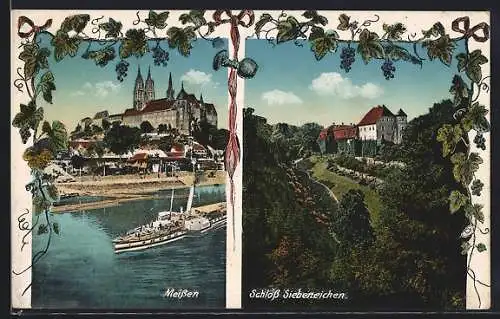 AK Meissen, Teilansicht mit Dampfer, Schloss Siebeneichen
