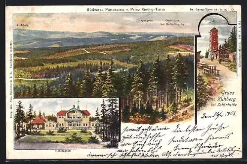 Lithographie Schönheide / Erzg., Südwest-Panorama, Gasthaus Carolagrün, Kuhberg