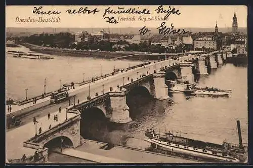 AK Dresden-Neustadt, Friedrich-August-Brücke, Motiv mit Strassenbahn