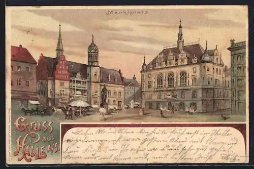 Lithographie Halle a. S., Abendstimmung am Marktplatz