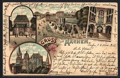 Lithographie Aachen, Elisenbrunnen, Pont Tor, Dom Innenansicht