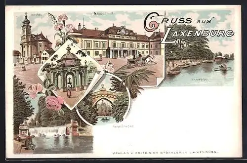 Lithographie Laxenburg, Strassenpartie, Brücke, Bootspartie, Blumen