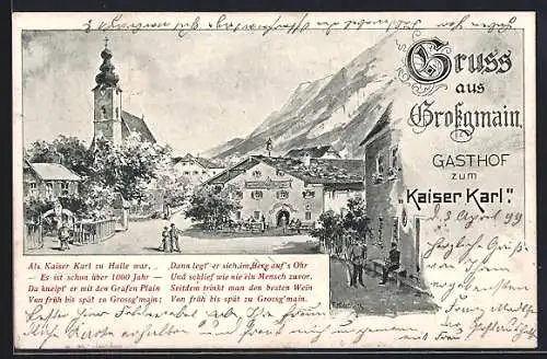 Lithographie Grossgmain, Gasthof zum Kaiser Karl mit Strassenpartie