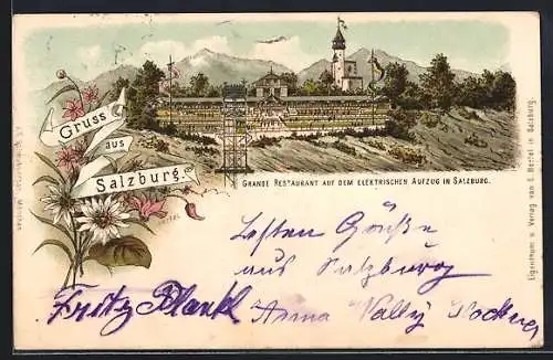 Lithographie Salzburg, Grande Restaurant auf dem elektrischen Aufzug, Edelweiss