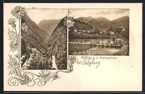 Lithographie Golling, Teilansicht g. d. Tännengebirge, Ortspartie