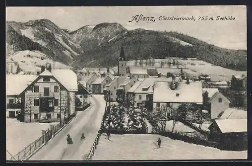AK Aflenz /Obersteiermark, Strassenpartie mit Kirche im Schnee