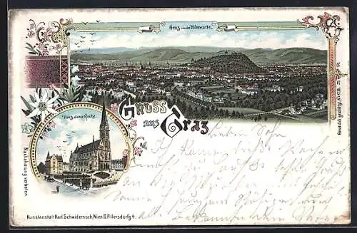 Lithographie Graz, Gesamtansicht von der Hilmwarte, Herz Jesu-Kirche