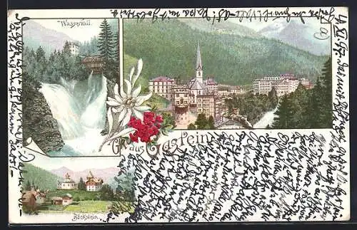 Lithographie Gastein, Teilansicht, Wasserfall, Böckstein