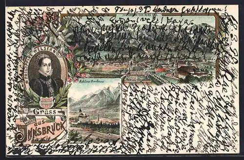 Lithographie Innsbruck, Teilansicht vom Berg Isel, Schloss Ambras, Philippine Welser