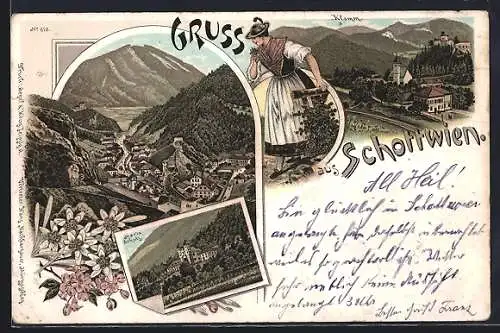 Lithographie Schottwien, Blick auf den Ort, Frau in Trachten, Klamm