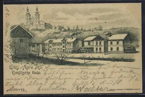 Lithographie Maria Trost, Bahnhof Elektrische Bahn und Kirche, Strassenbahn