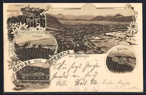 Lithographie Bregenz am Bodensee, Pfänder-Hotel, K. k. Postgebäude, Gebhardsberg