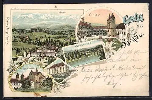 Lithographie Seckau, Totalansicht mit Abtei, Klosterhof, Weiermans-Teich & Dom v. Osten