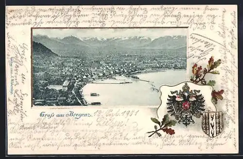Lithographie Bregenz, Teilansicht mit Bergen, Wappen, Passepartout