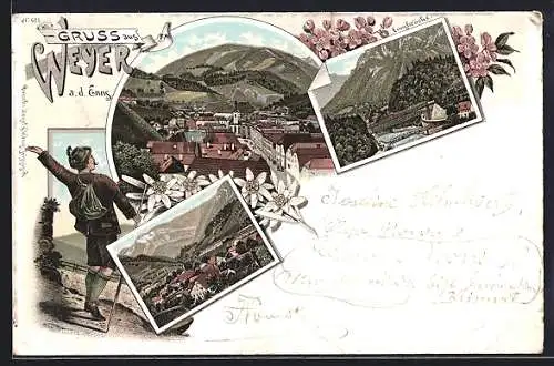 Lithographie Weyer a. d. Enns, Teilansicht aus der Vogelschau, Ennsbrücke, Wanderer