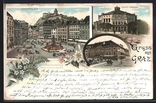 Lithographie Graz, Hauptplatz, Stadt-Theater, Landes-Theater