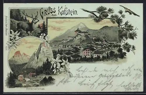 Lithographie Kufstein, Hinterbärenbad, Panorama mit Schloss