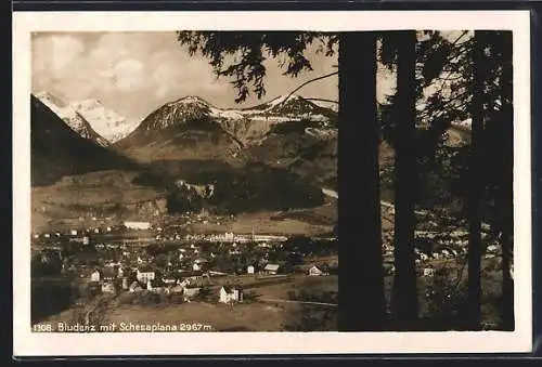 AK Bludenz, Totalansicht mit Schesaplana aus der Vogelschau