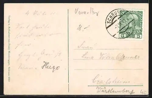 AK Schruns /Montafon, Totalansicht mit Bergspitzen aus der Vogelschau