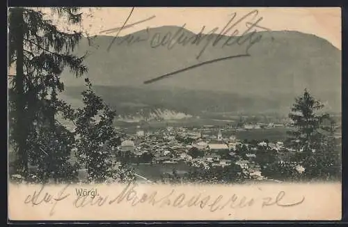 AK Wörgl, Ortsansicht mit Bergpanorama aus der Vogelschau