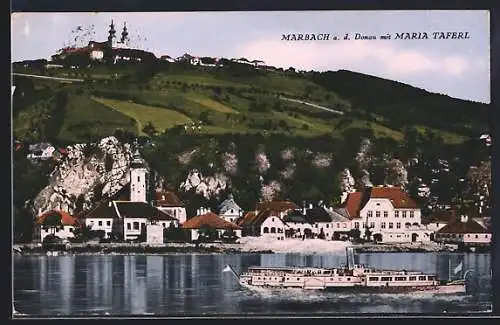 AK Marbach / Donau, Ortsansicht mit Dampfer und Maria Taferl