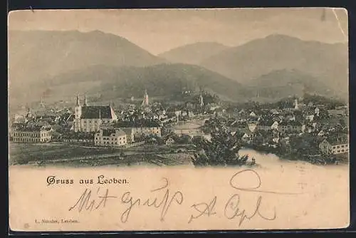 AK Leoben, Blick auf den Ort mit Bergpanorama