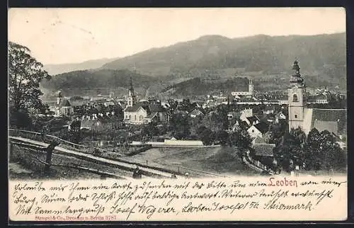 AK Leoben, Ortsansicht mit Berglandschaft