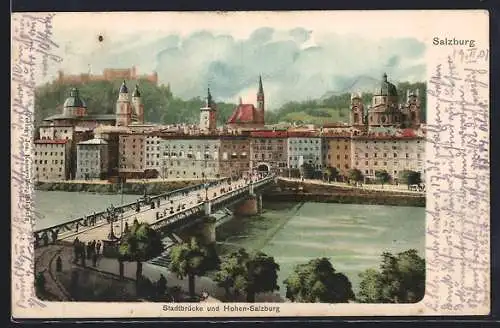 Lithographie Salzburg, Stadtbrücke und Hohen-Salzburg