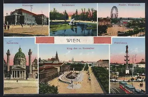 AK Wien, Prater mit Riesenrad, Schönbrunn, Staatsoper, Karlskirche, Strassenbahn