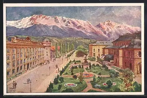 Künstler-AK Innsbruck, Rennweg mit Bergpanorama