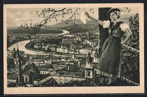 AK Salzburg, Teilansicht mit Kirche und winkender Frau