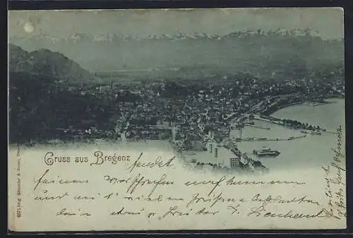 Mondschein-AK Bregenz, Teilansicht mit Bergen