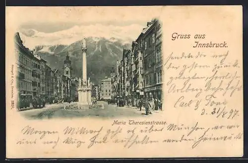 AK Innsbruck, Maria Theresienstrasse mit Denkmal
