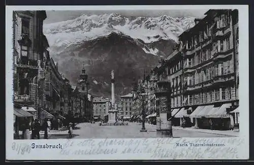 AK Innsbruck, Maria Theresienstrasse mit Geschäften und Denkmal
