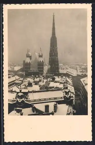AK Wien, Teilansicht mit Kirche im Schnee