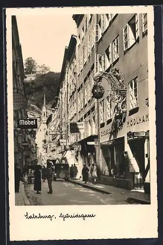 AK Salzburg, Getreidegasse mit Geschäften