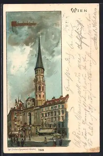 Lithographie Wien, Richardskirche, Gesamtansicht mit Platz