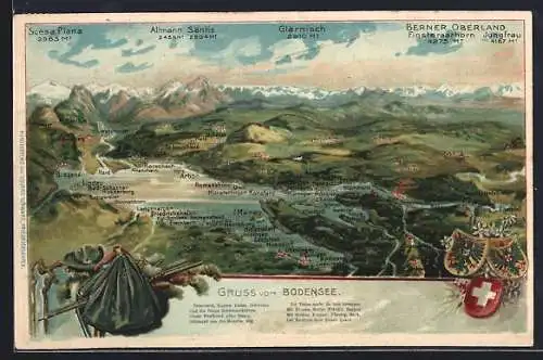 AK Lindau / Bodensee, Landkarte der Umgebung mit dem Bodensee und den Wappen