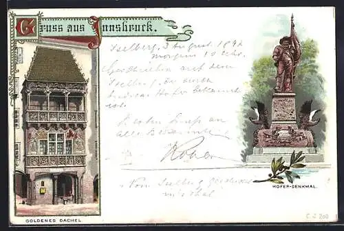 Lithographie Innsbruck, Gasthaus goldenes Dachel, Hofer-Denkmal
